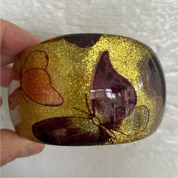 Vintage Lucite Rare 70’s Boho Asymmetrical Organic Butterfly Glitter Bangle - Picture 2 of 13